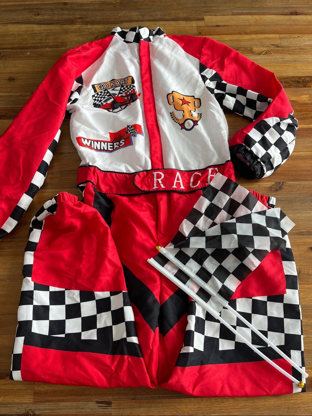 Kids Red Race Car Driver Costume with Checkered Flags Size 6-7